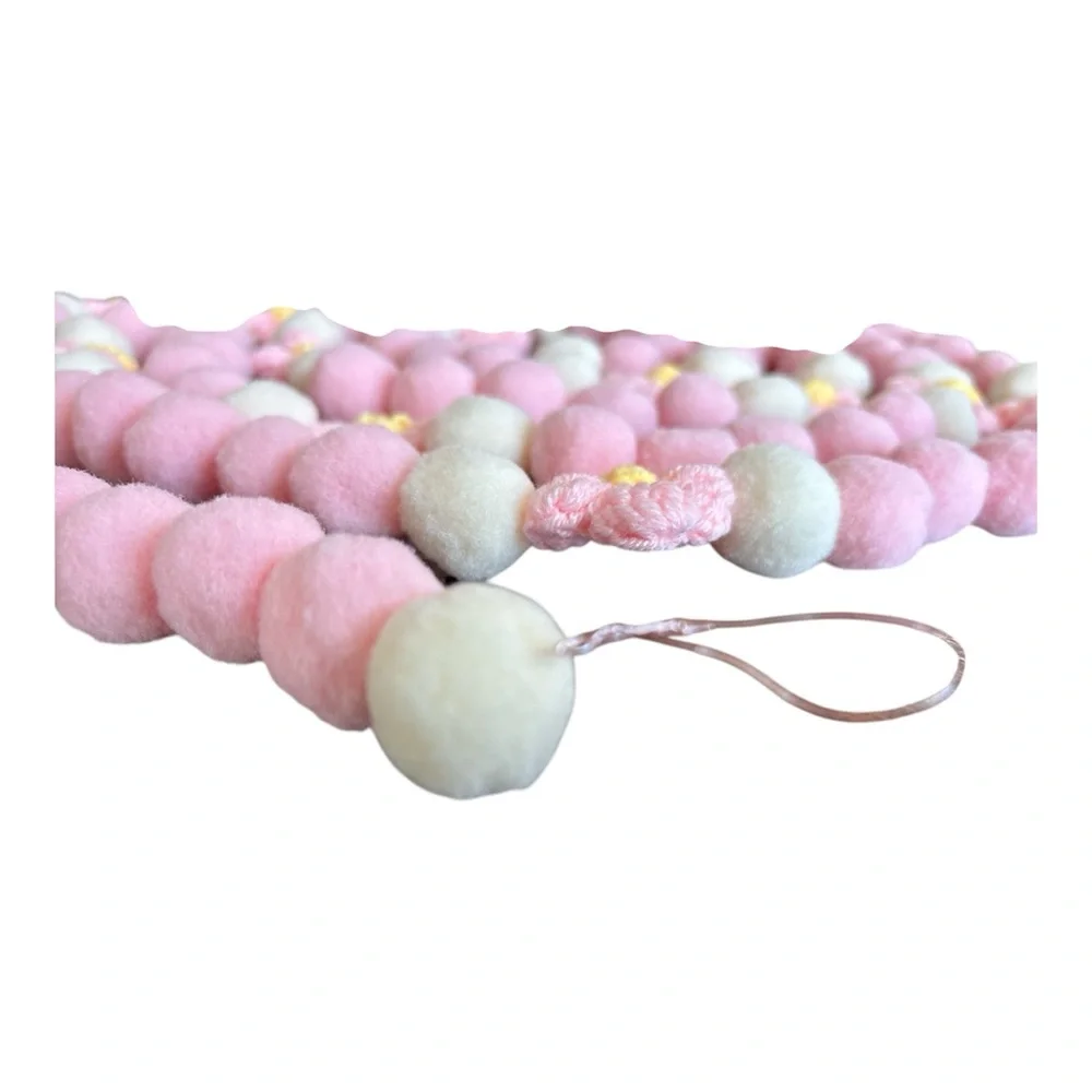 11 ft Valentine's Day Light Pink Cream & Floral Pom Pom Garland Handmade on Wire